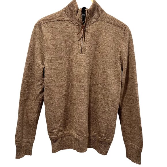 J Crew Men's Wool 1/4 Zip Sweater, Leather Elbow Patches, Camel Brown, L - Picture 2 of 8